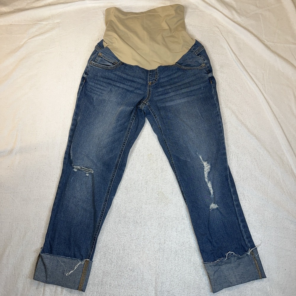 Indigo Blue Maternity Distressed Blue Jeans Size Small Belly Band Capri
